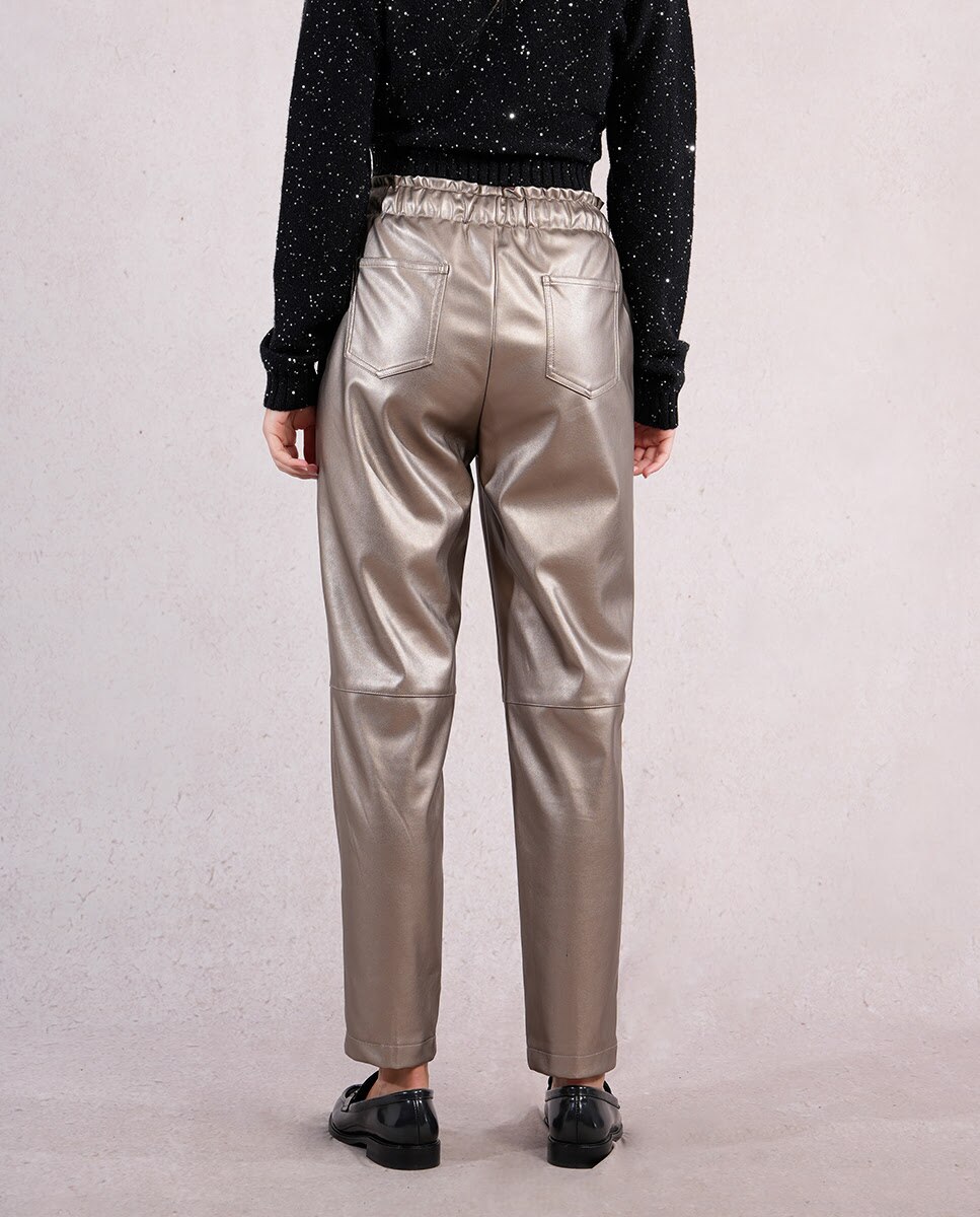 Pantalón de mujer largo efecto cuero brillante - Molly Bracken - Dorado Dorado-3