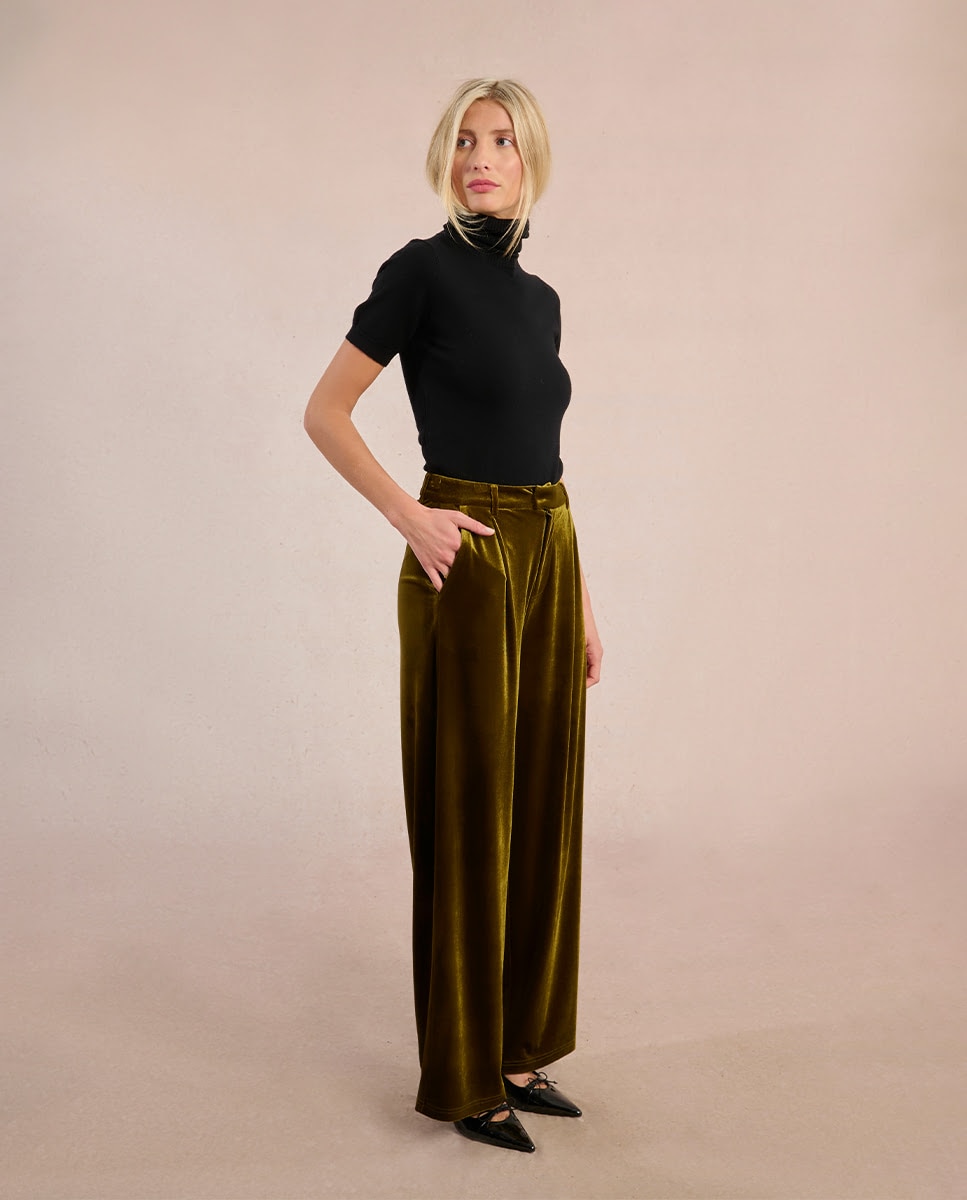 Pantalón de mujer largo en tejido de terciopelo - Molly Bracken - Marrón Marrón-1