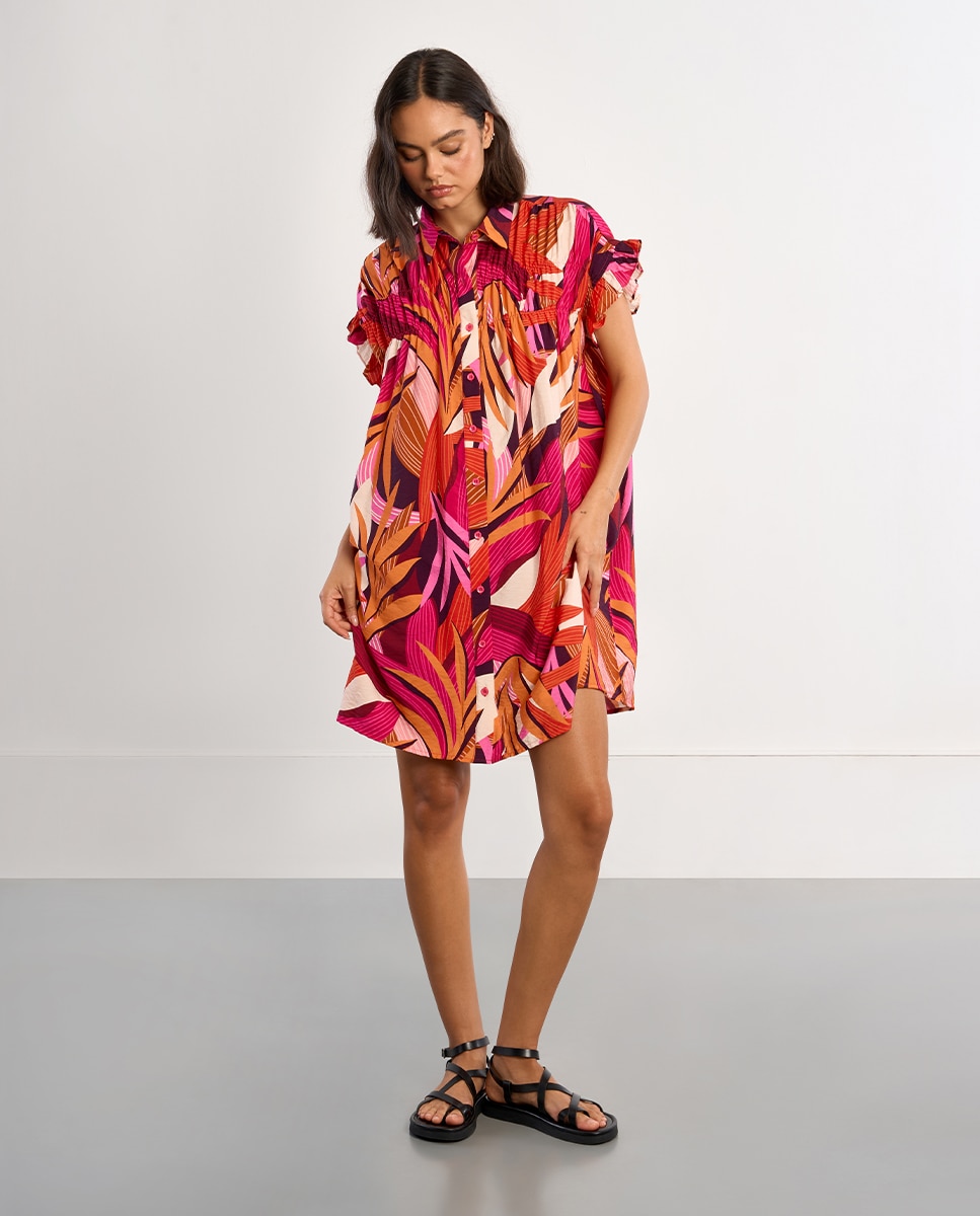 Lili Sidonio - Vestido corto camisero con estampado y pliegues.