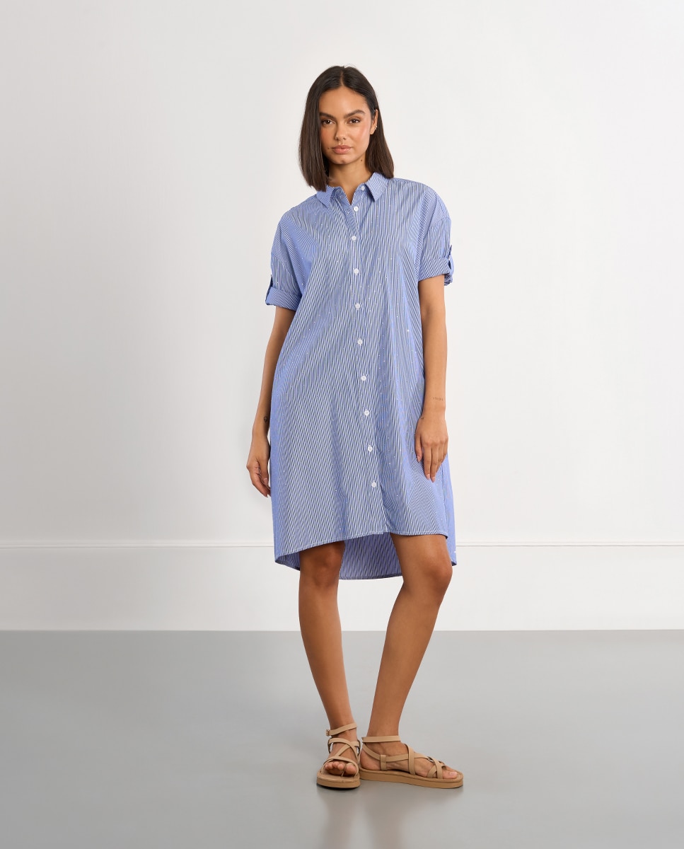 Lili Sidonio - Vestido camisero de manga corta estampado rayas y abalorios.