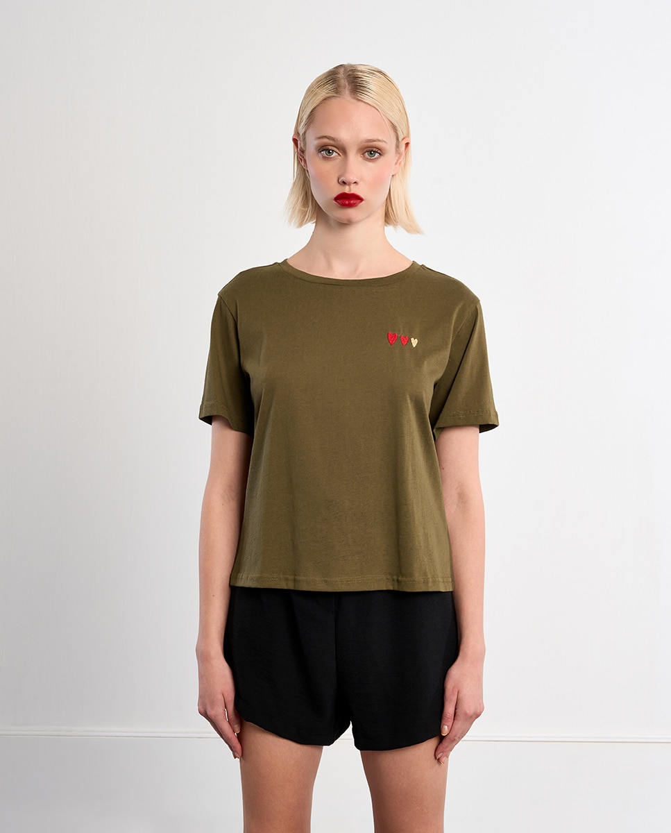 Camiseta de mujer de manga corta detalle corazones - Lili Sidonio - Kaki Kaki-2