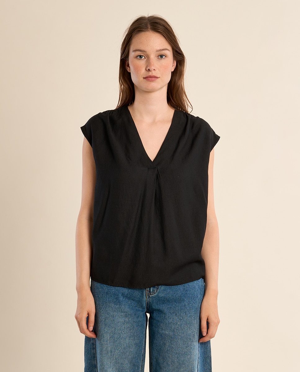 Top de mujer de manga corta detalle pliegues - Molly Bracken - Negro Negro-2