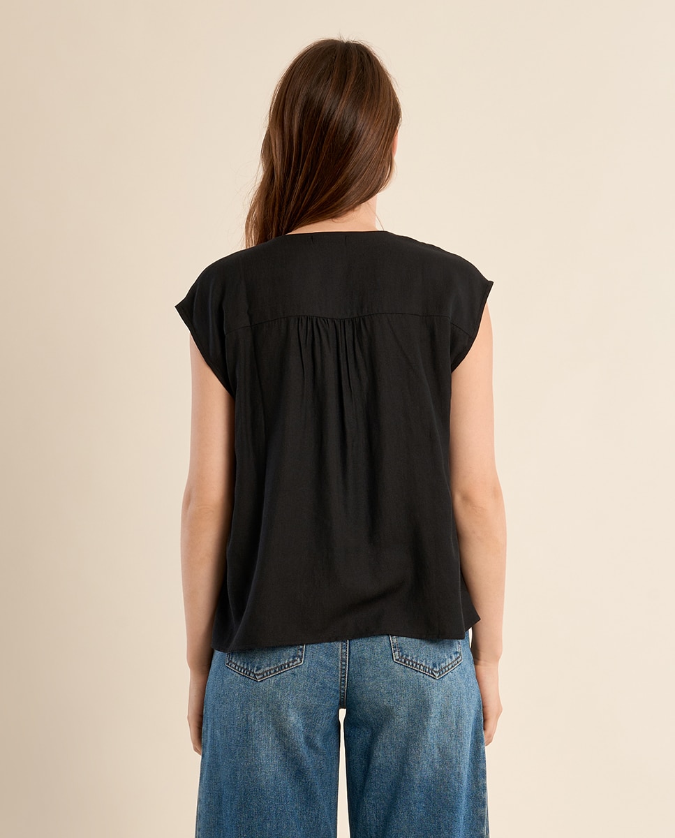 Top de mujer de manga corta detalle pliegues - Molly Bracken - Negro Negro-3