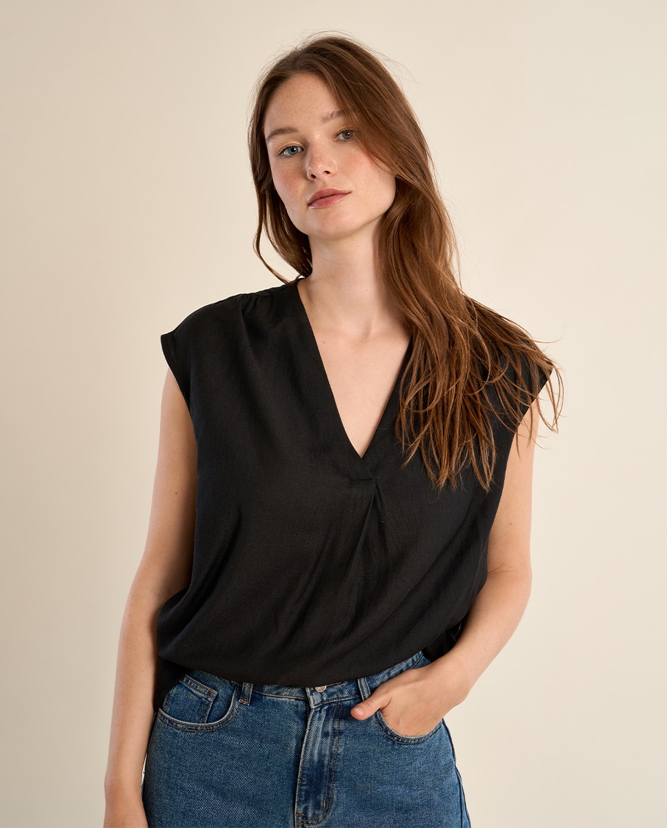 Top de mujer de manga corta detalle pliegues - Molly Bracken - Negro Negro-4