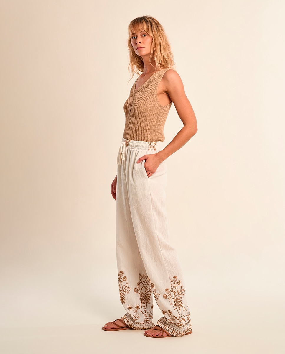Molly Bracken - Pantalones anchos de mujer largos con detalles bordados.