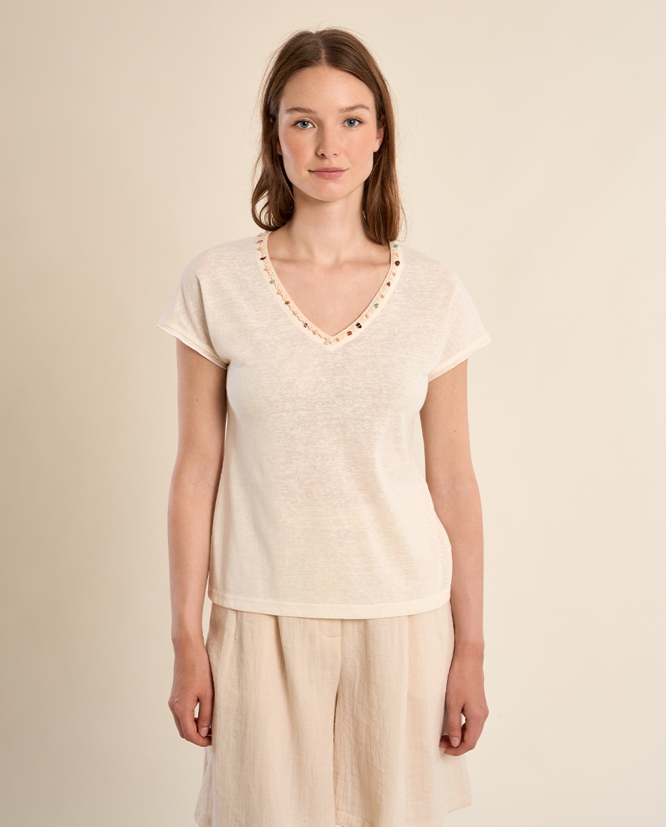 Camiseta de mujer de manga corta detalle abalorios - Molly Bracken - Crudo Crudo-2