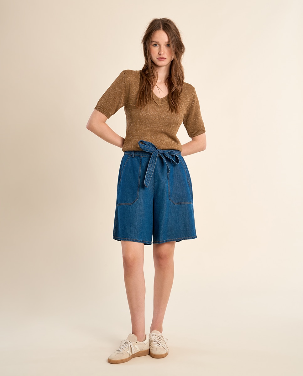 Jersey de mujer de manga corta escote en V - Molly Bracken - Camel Camel-1