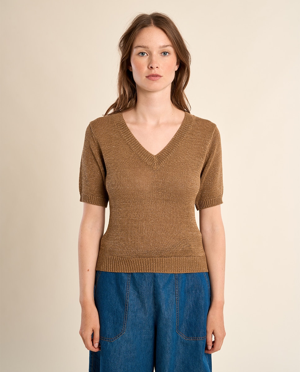 Jersey de mujer de manga corta escote en V - Molly Bracken - Camel Camel-2
