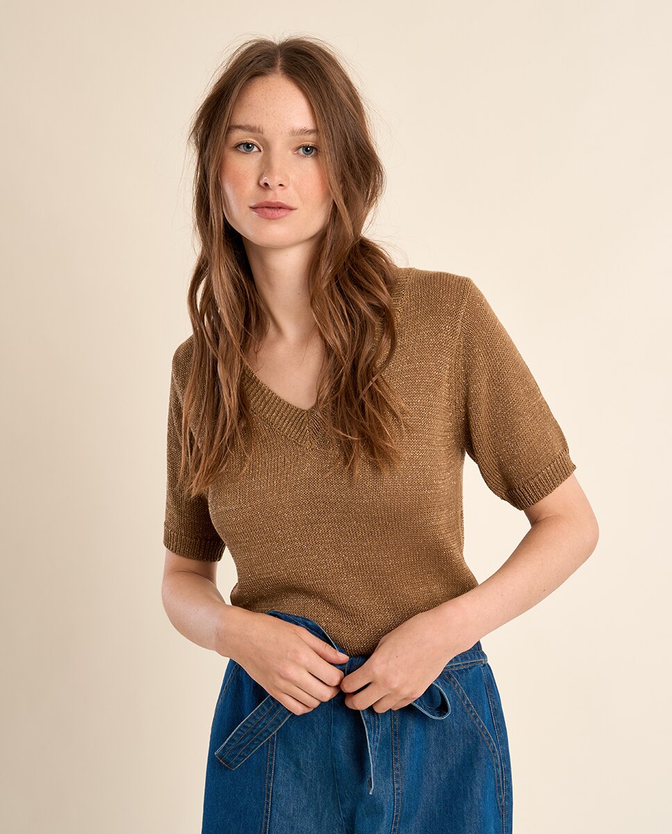 Jersey de mujer de manga corta escote en V - Molly Bracken - Camel Camel-4