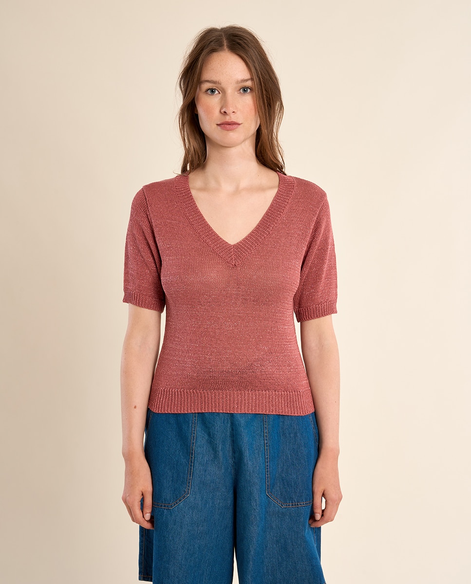 Jersey de mujer de manga corta escote en V - Molly Bracken - Blanco Teja-2