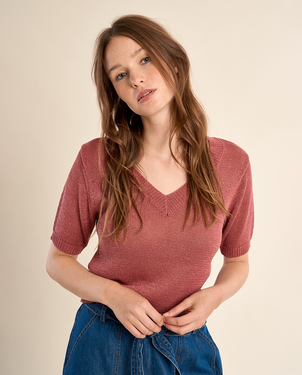 Jersey de mujer de manga corta escote en V - Molly Bracken - Blanco Teja-4