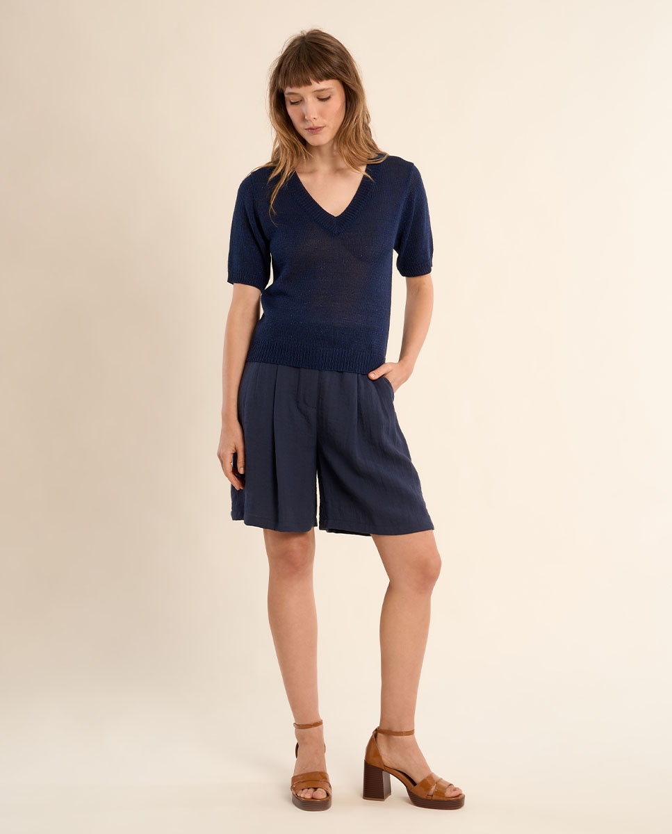 Jersey de mujer de manga corta escote en V - Molly Bracken - Azul marino Azul marino-1