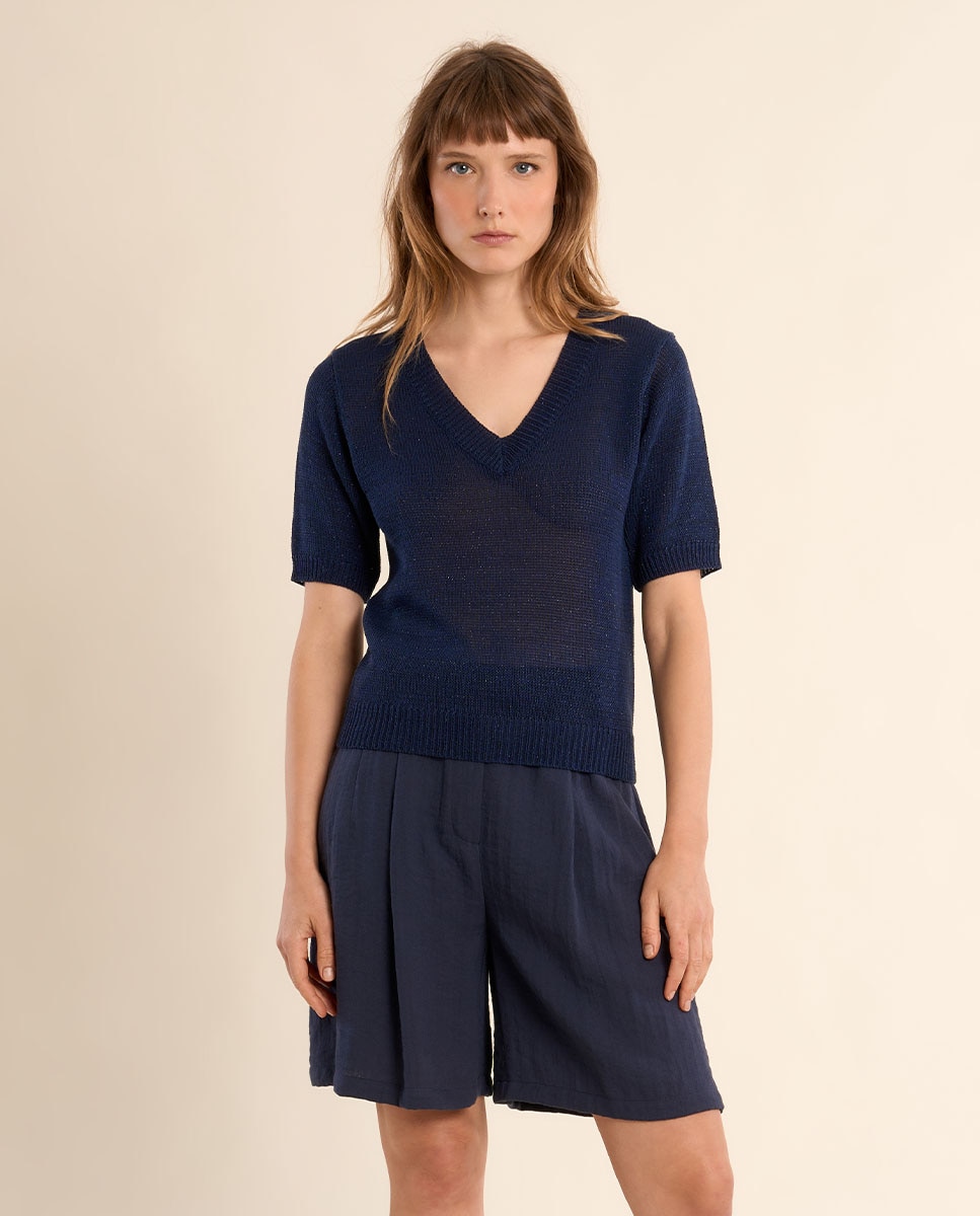 Jersey de mujer de manga corta escote en V - Molly Bracken - Azul marino Azul marino-2