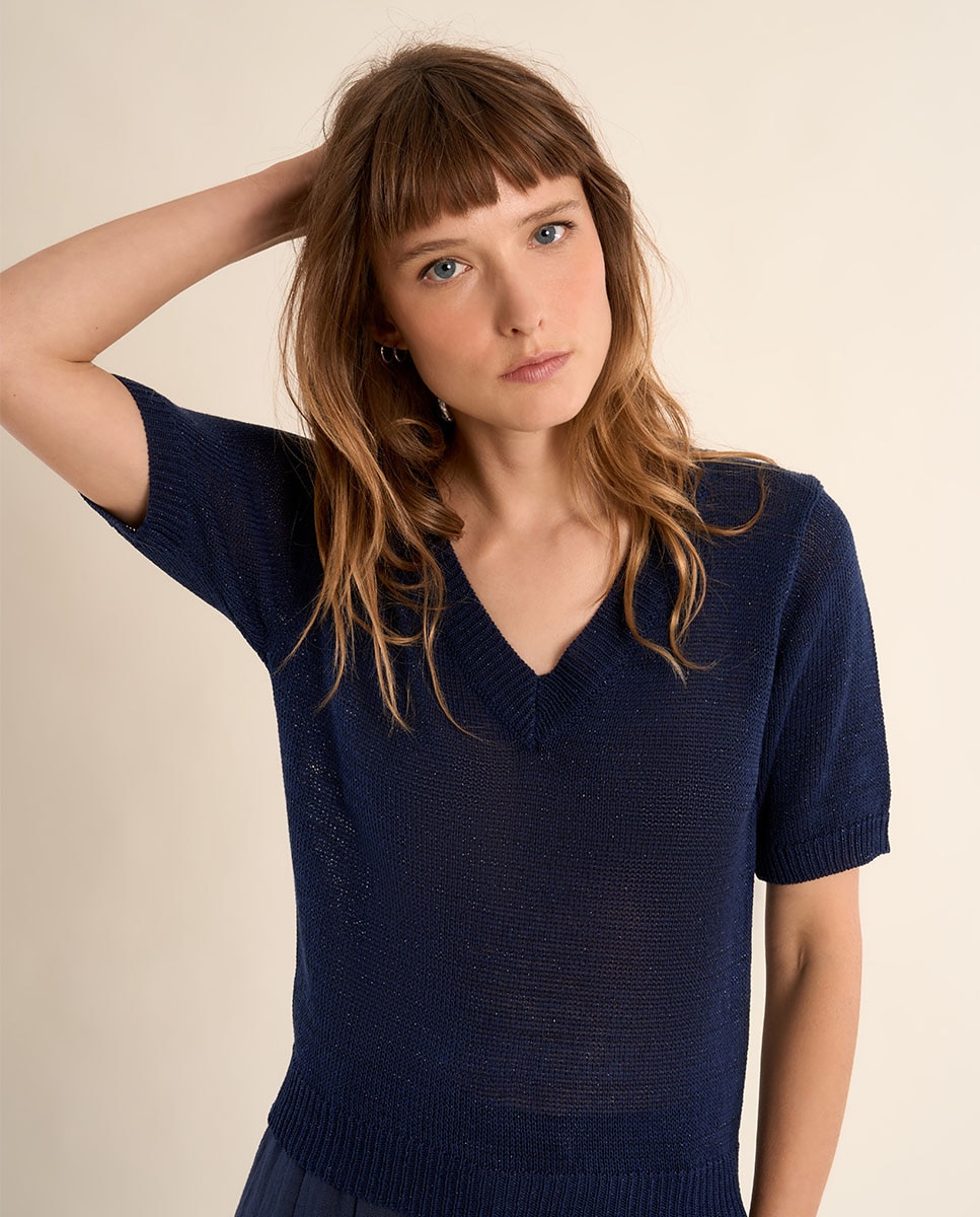 Jersey de mujer de manga corta escote en V - Molly Bracken - Azul marino Azul marino-4