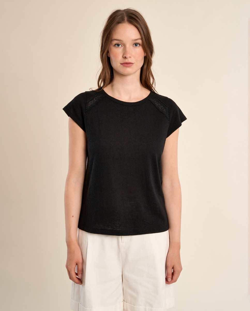 Camiseta de mujer de manga corta detalles bordados - Molly Bracken - Negro Negro-2