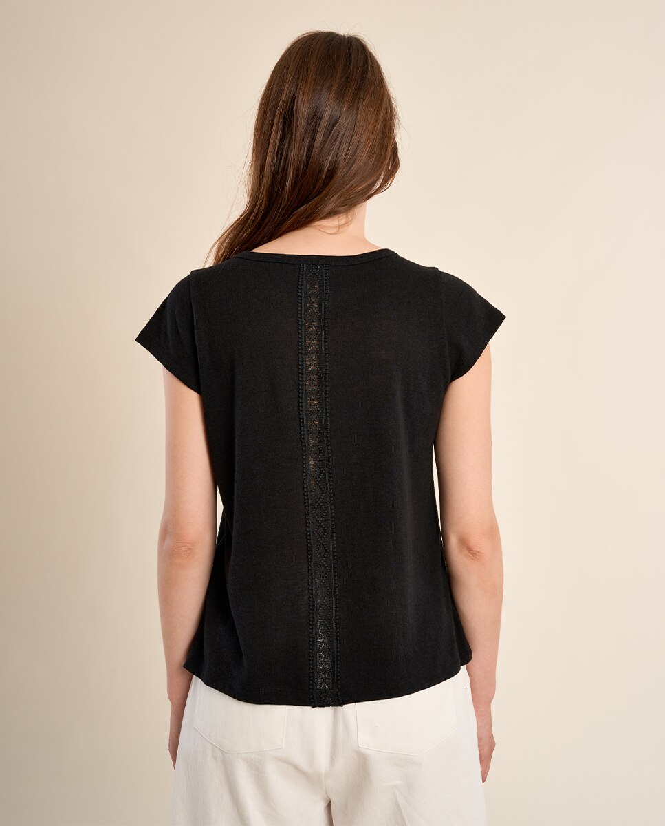 Camiseta de mujer de manga corta detalles bordados - Molly Bracken - Negro Negro-3