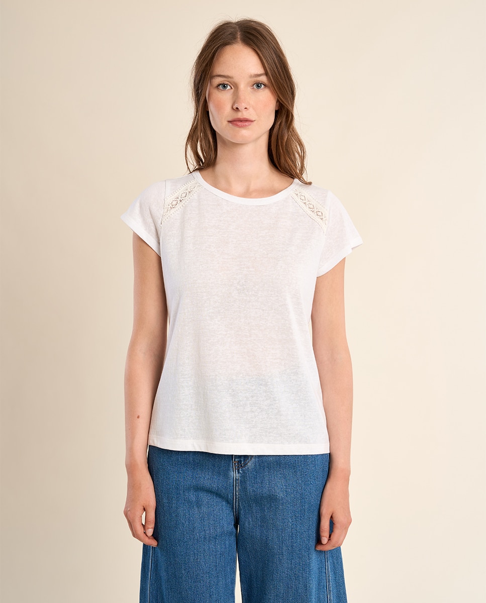 Camiseta de mujer de manga corta detalles bordados - Molly Bracken - Crudo Crudo-2