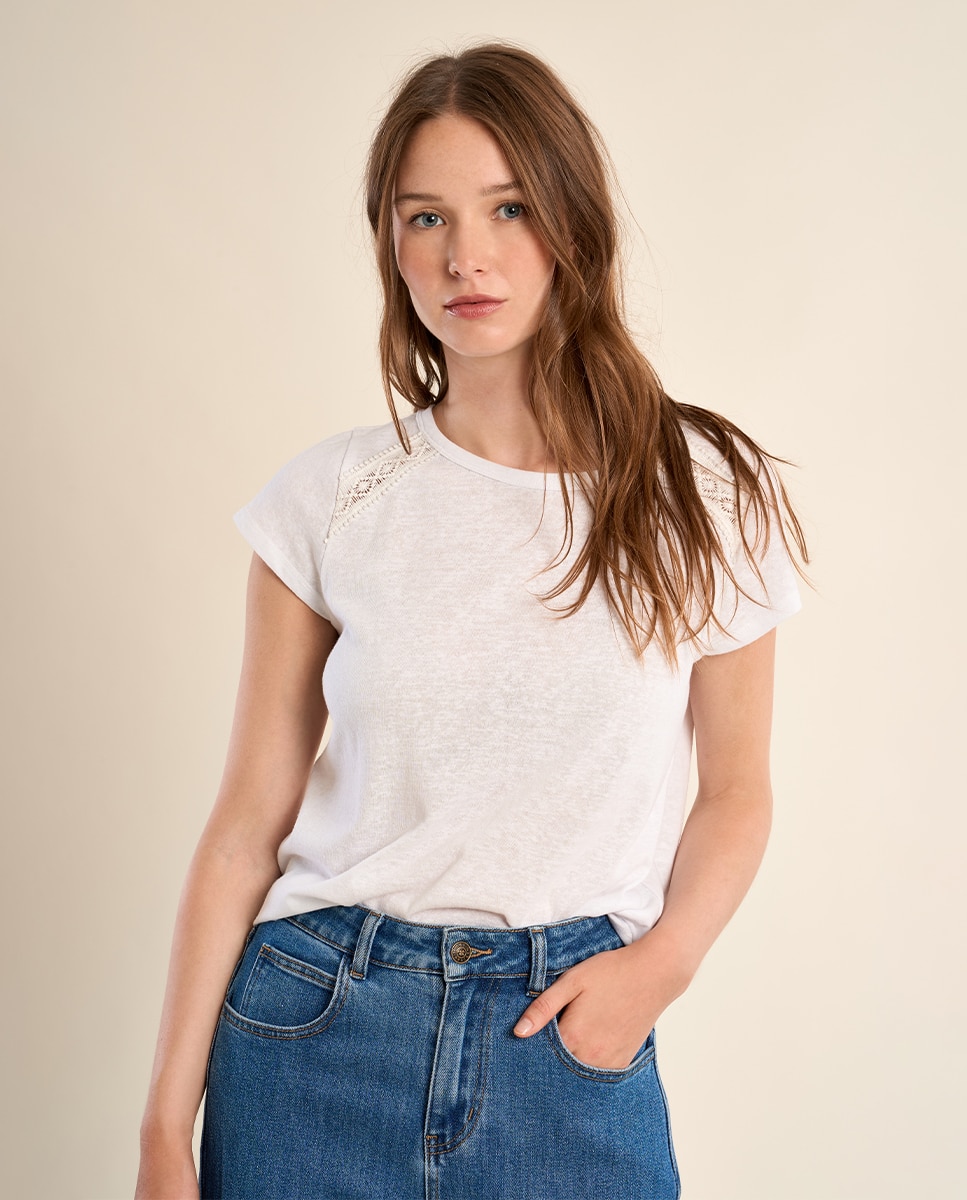 Camiseta de mujer de manga corta detalles bordados - Molly Bracken - Crudo Crudo-4
