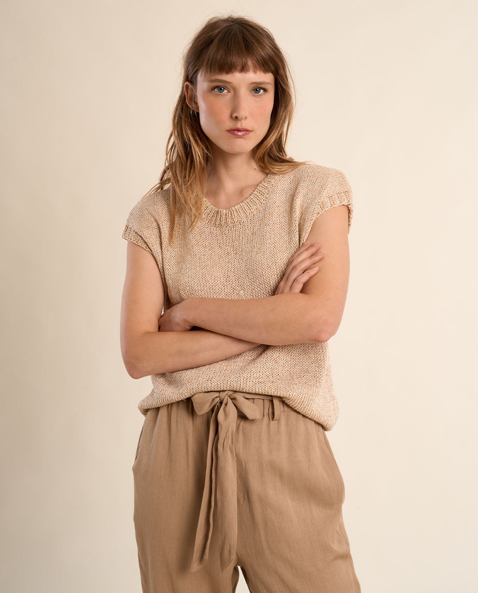 Jersey de mujer de manga corta en punto mezclado - Molly Bracken - Oro Oro-4