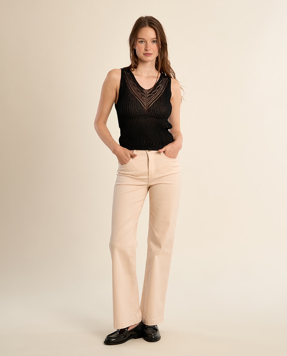 Top de mujer de manga sisa en punto calado - Molly Bracken - Beige Negro-1