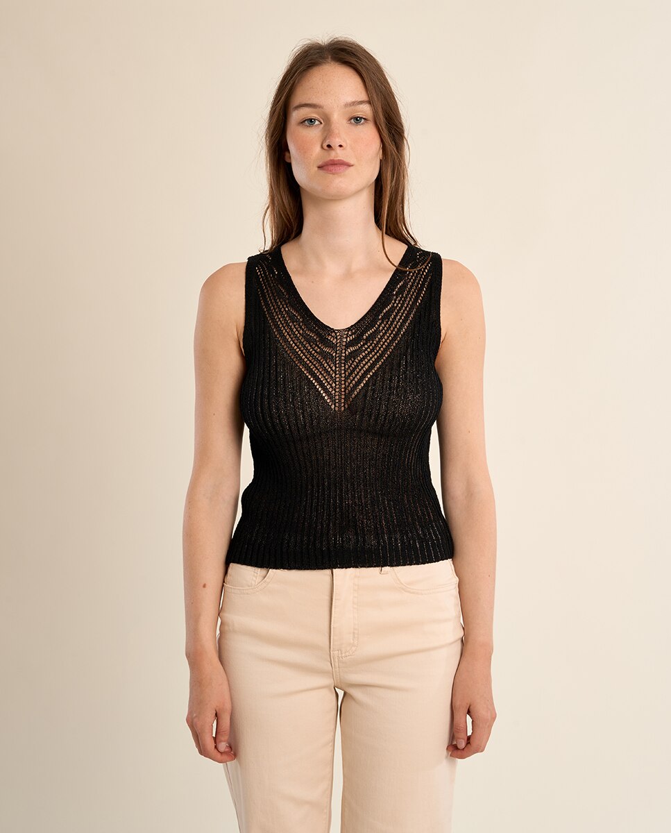 Top de mujer de manga sisa en punto calado - Molly Bracken - Beige Negro-2