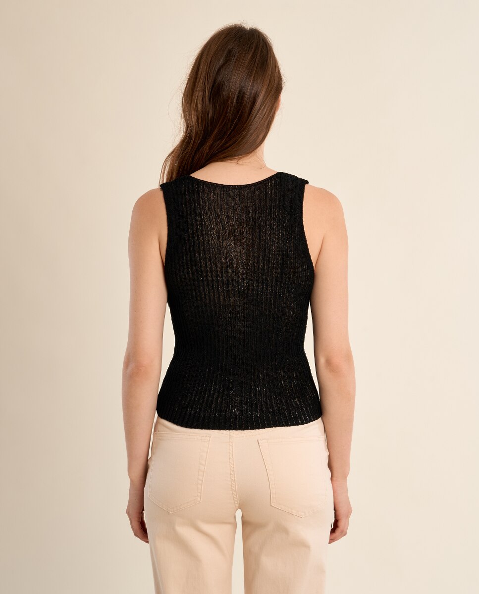 Top de mujer de manga sisa en punto calado - Molly Bracken - Beige Negro-3
