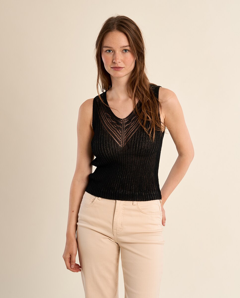 Top de mujer de manga sisa en punto calado - Molly Bracken - Beige Negro-4