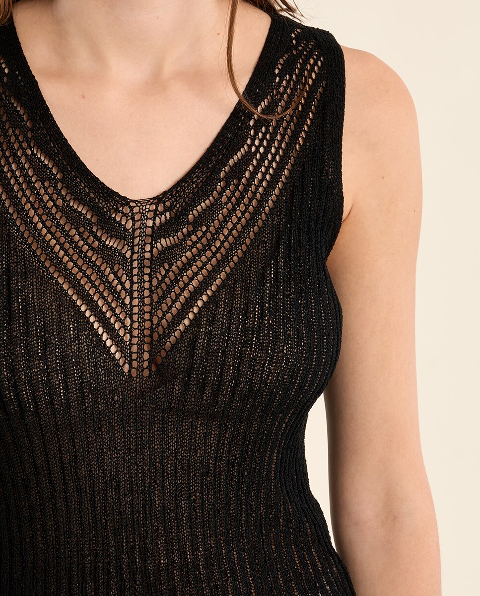 Top de mujer de manga sisa en punto calado - Molly Bracken - Beige Negro-5
