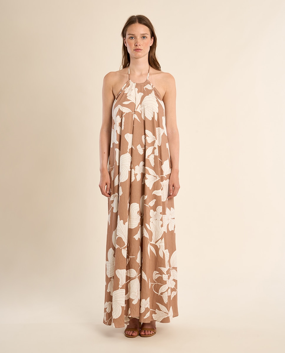 Vestido largo halter con estampado - Molly Bracken - Beige / Blanco Beige / Blanco-2