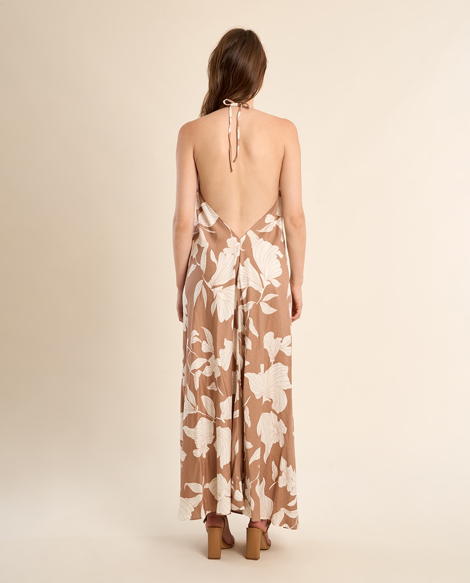 Vestido largo halter con estampado - Molly Bracken - Beige / Blanco Beige / Blanco-3