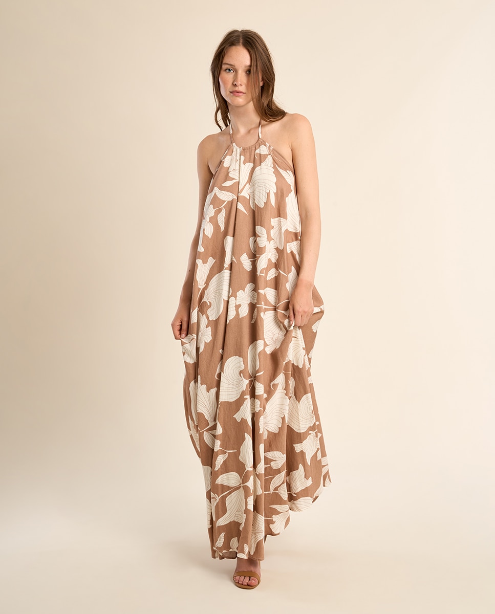 Vestido largo halter con estampado - Molly Bracken - Beige / Blanco Beige / Blanco-4