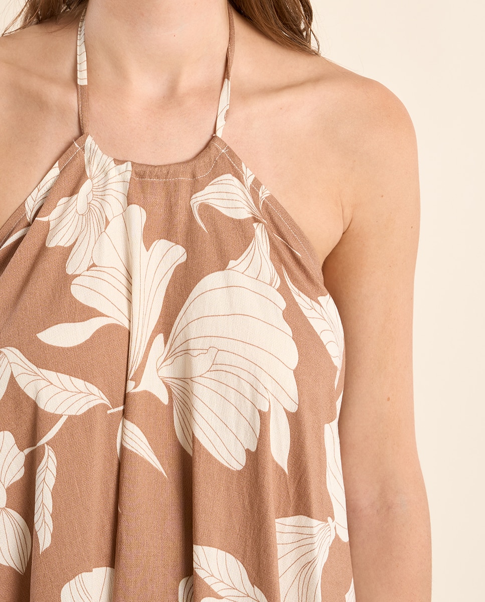 Vestido largo halter con estampado - Molly Bracken - Beige / Blanco Beige / Blanco-5