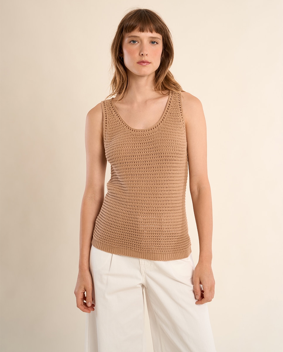 Top de mujer de manga sisa en punto calado - Molly Bracken - Beige Beige-2