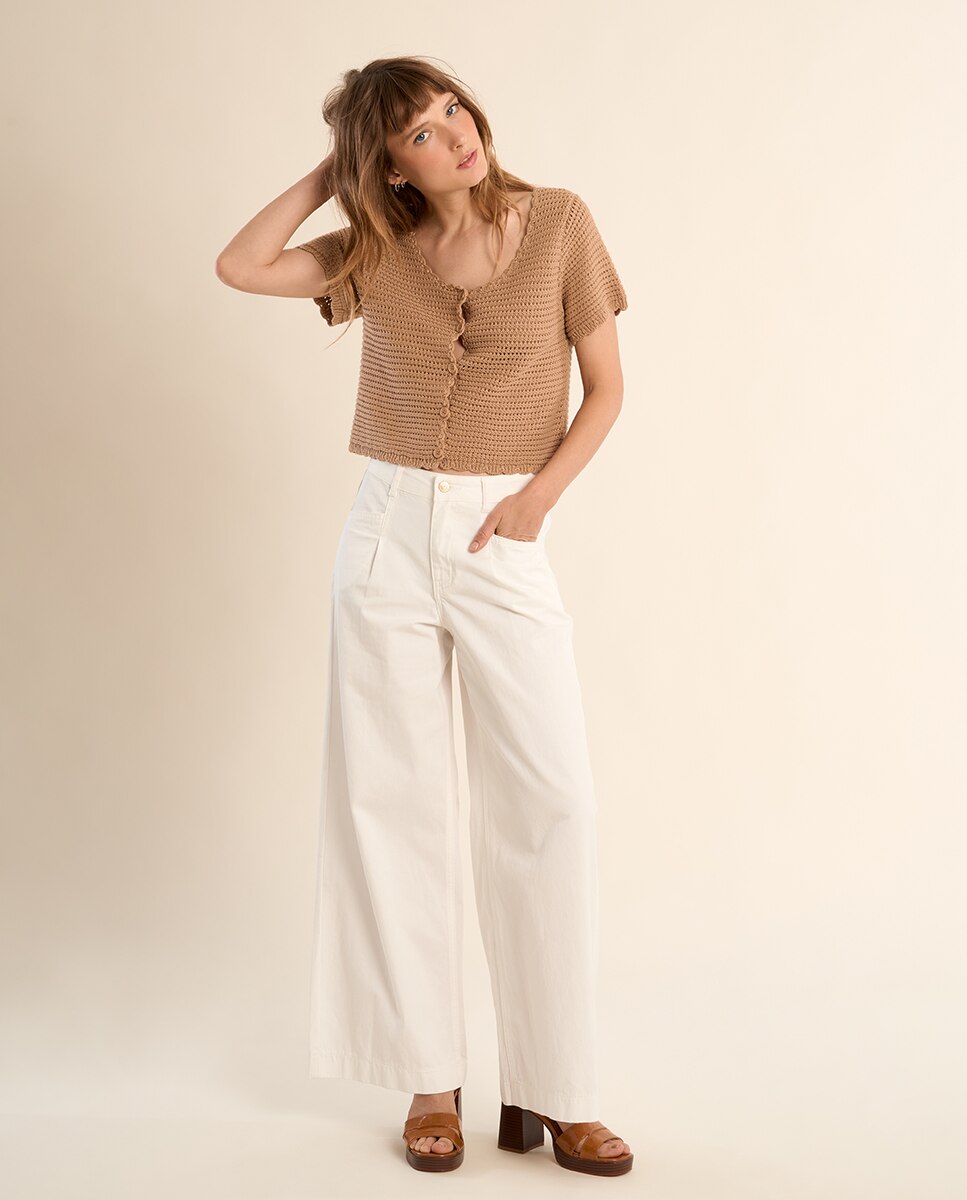 Cárdigan de mujer de manga corta en punto calado - Molly Bracken - Beige Beige-1
