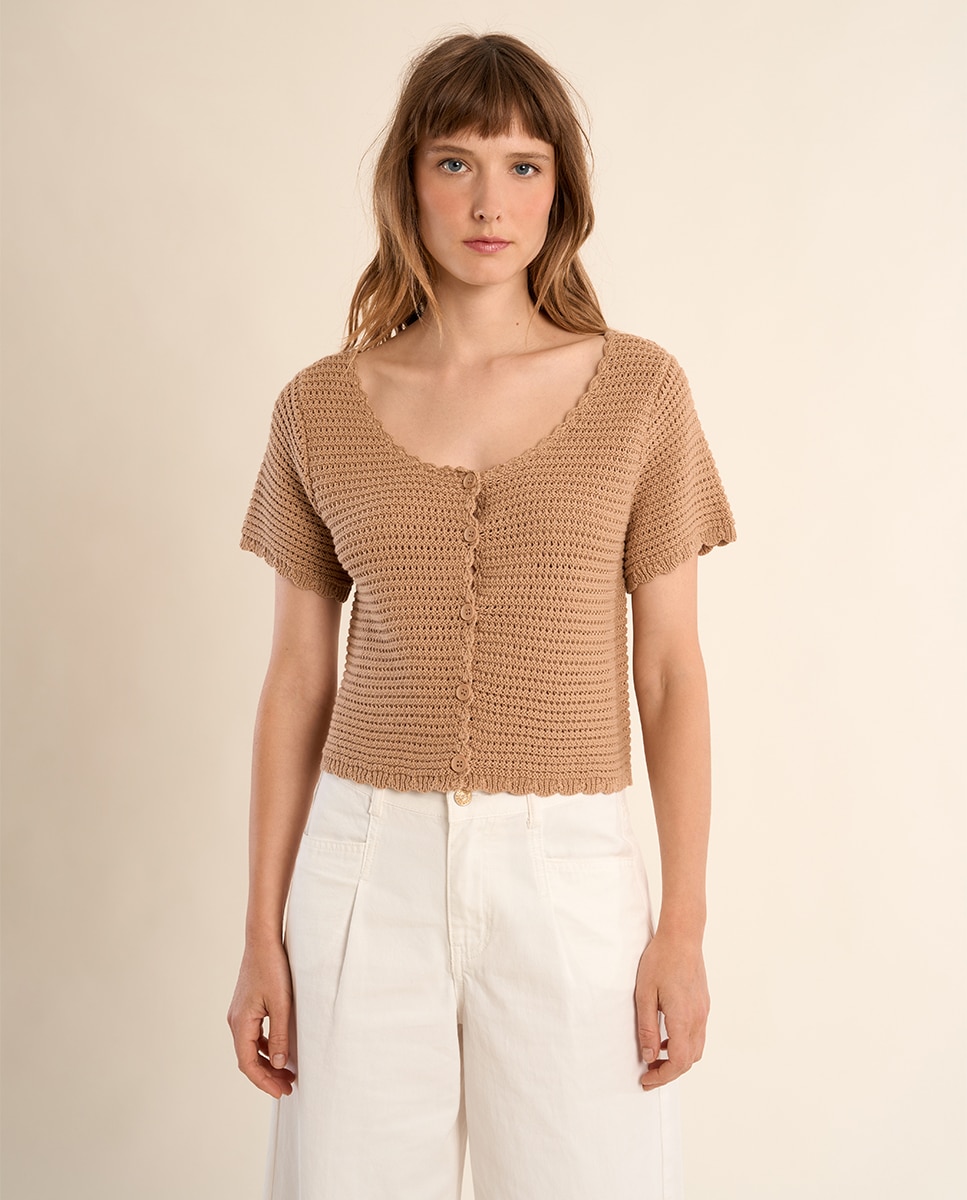Cárdigan de mujer de manga corta en punto calado - Molly Bracken - Beige Beige-2