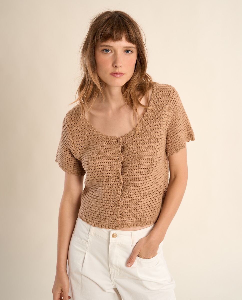 Cárdigan de mujer de manga corta en punto calado - Molly Bracken - Beige Beige-4