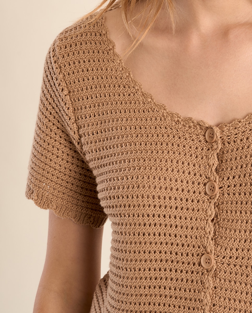 Cárdigan de mujer de manga corta en punto calado - Molly Bracken - Beige Beige-5