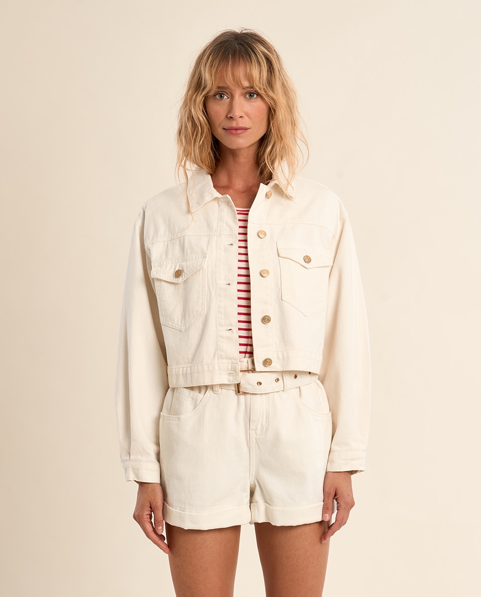 Cazadora vaquera de mujer corta detalle bolsillos - Molly Bracken - Blanco Blanco-2