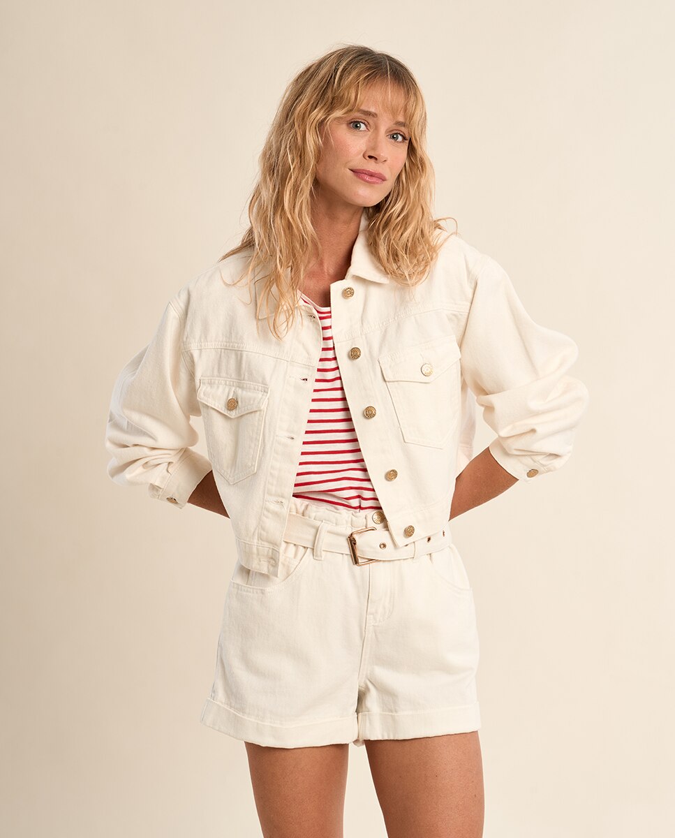 Cazadora vaquera de mujer corta detalle bolsillos - Molly Bracken - Blanco Blanco-4