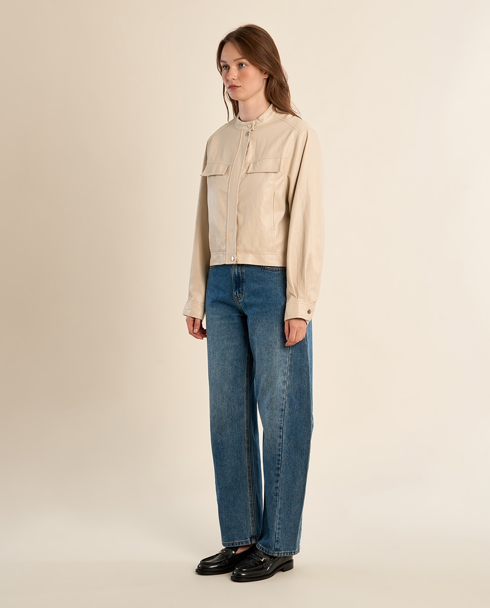 Cazadora de mujer de manga larga efecto piel - Molly Bracken - Beige Beige-1