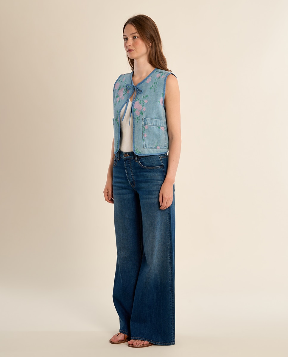 Chaleco de mujer corto con estampado y lazada - Molly Bracken - Azul claro Azul claro-1