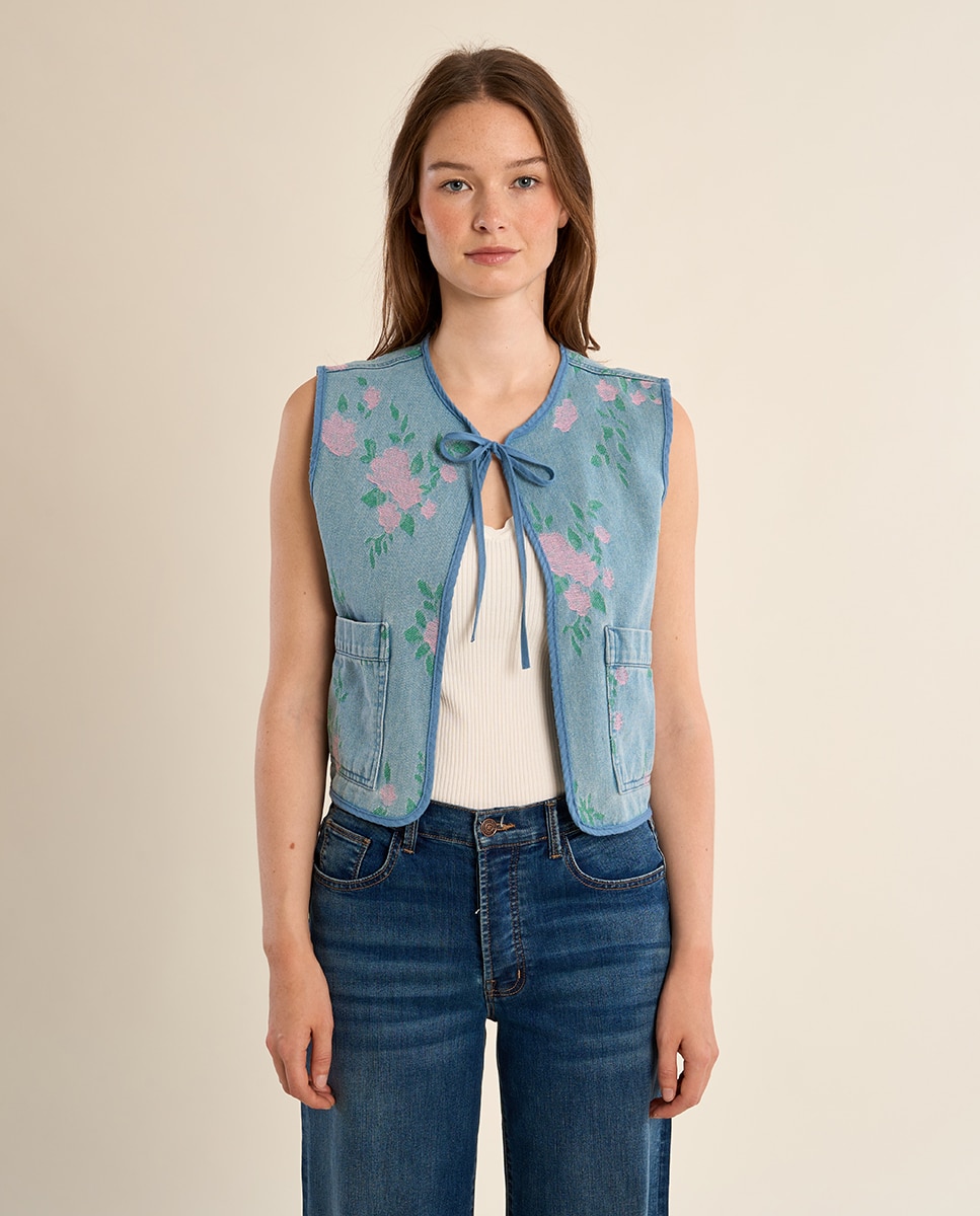 Chaleco de mujer corto con estampado y lazada - Molly Bracken - Azul claro Azul claro-2