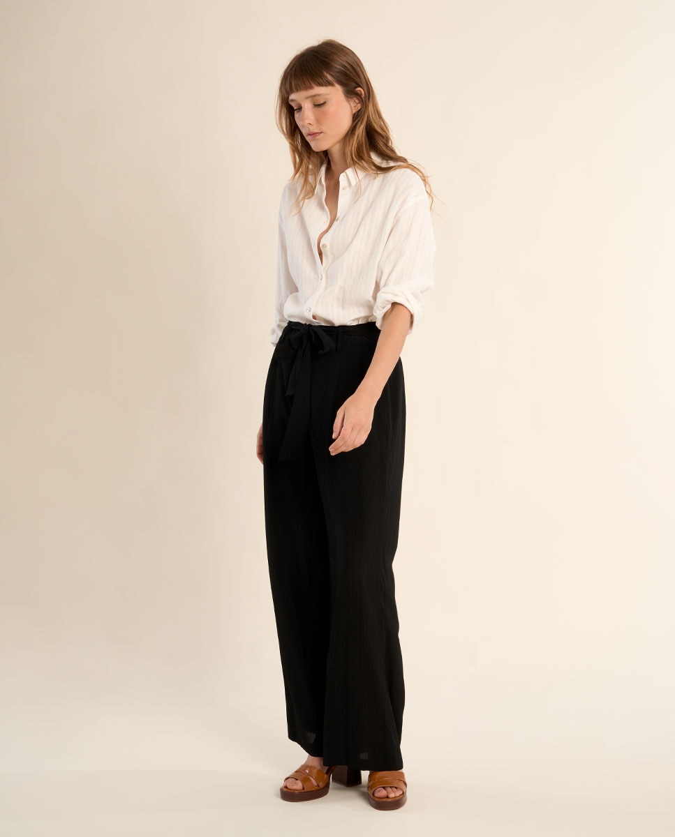 Molly Bracken - Pantalón ancho de mujer largo con lazada detalle pliegues.