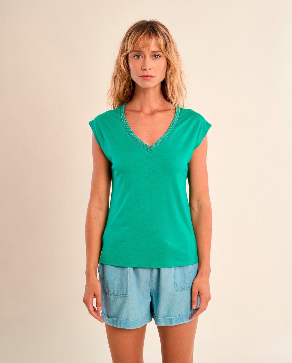 Camiseta de mujer de manga corta detalle ribete - Molly Bracken - Verde Agua Verde Agua-2