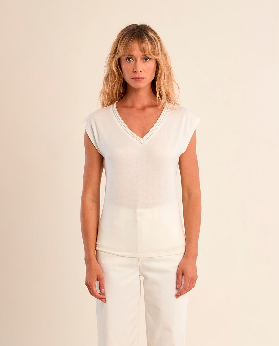 Camiseta de mujer de manga corta detalle ribete - Molly Bracken - Crudo Crudo-2