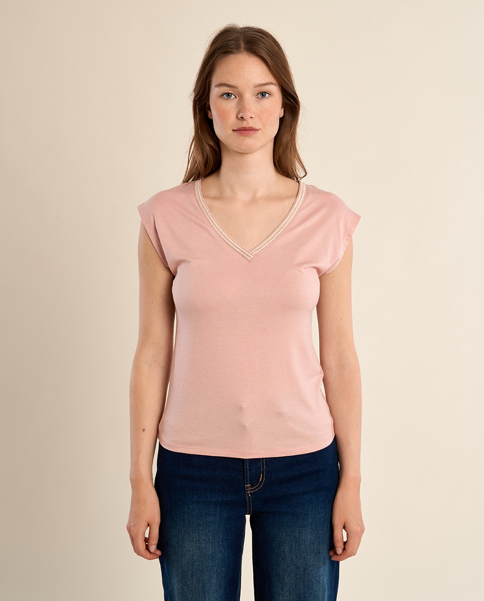Camiseta de mujer de manga corta detalle ribete - Molly Bracken - Rosa claro Rosa claro-2