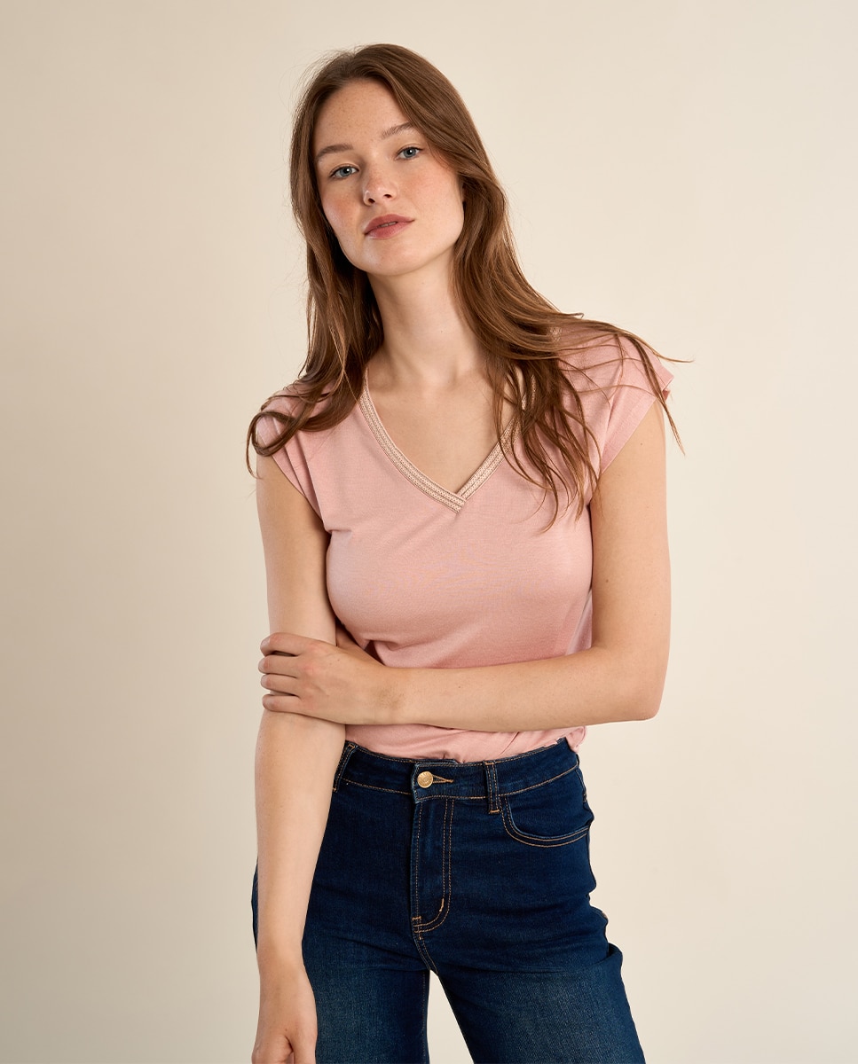 Camiseta de mujer de manga corta detalle ribete - Molly Bracken - Rosa claro Rosa claro-4