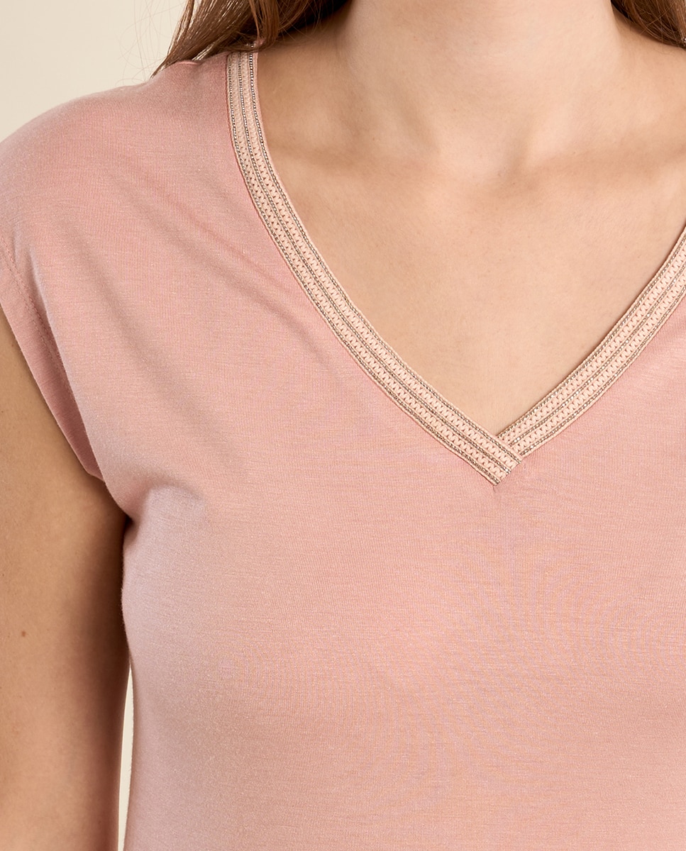 Camiseta de mujer de manga corta detalle ribete - Molly Bracken - Rosa claro Rosa claro-5