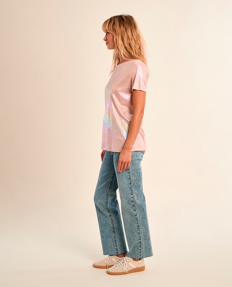 Camiseta de mujer de manga corta en tejido brillante - Molly Bracken - Rosa claro Rosa claro-1