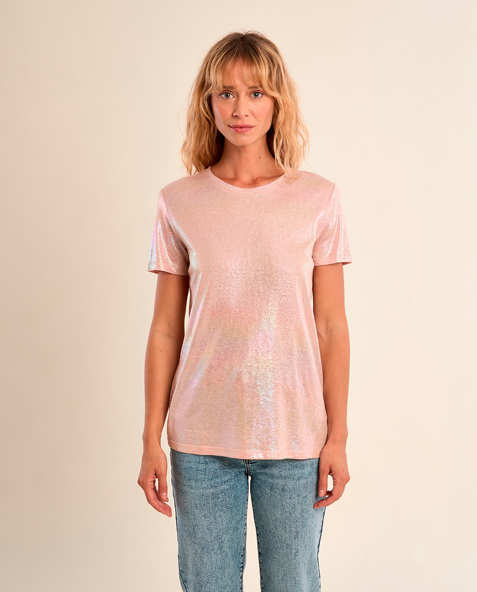 Camiseta de mujer de manga corta en tejido brillante - Molly Bracken - Rosa claro Rosa claro-2